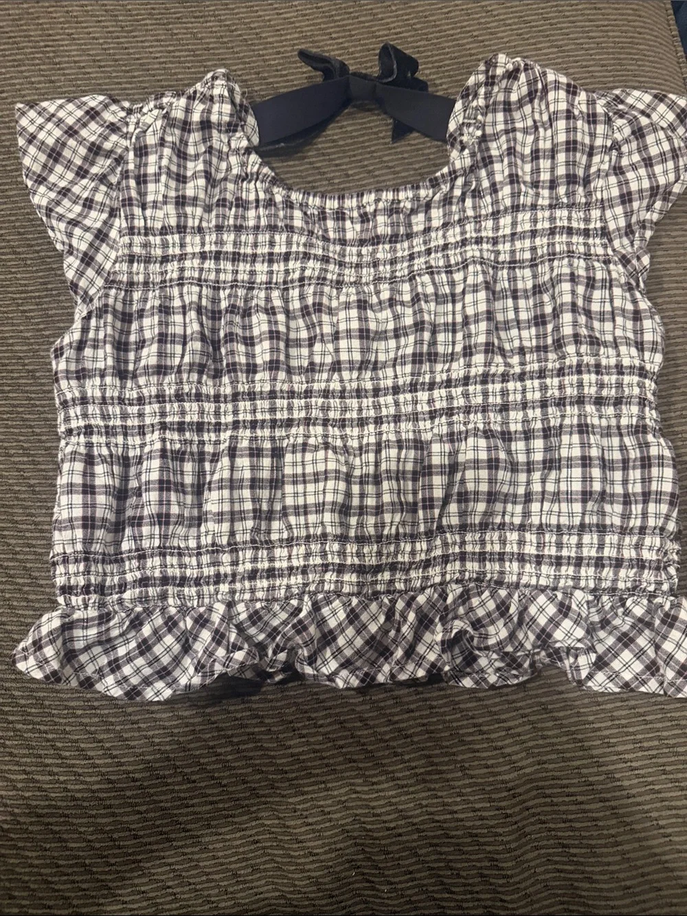 Old Navy White and Navy Plaid Smocked Ruffle Top